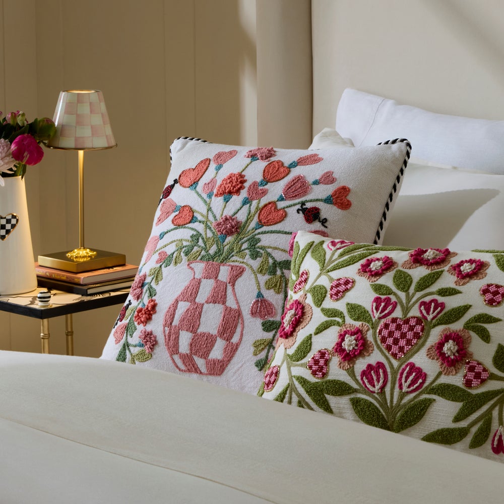 MACKENZIE-CHILDS Mackenzie-chilllds Pink Check Hearts Bouquet Throw Pillow - Image 2