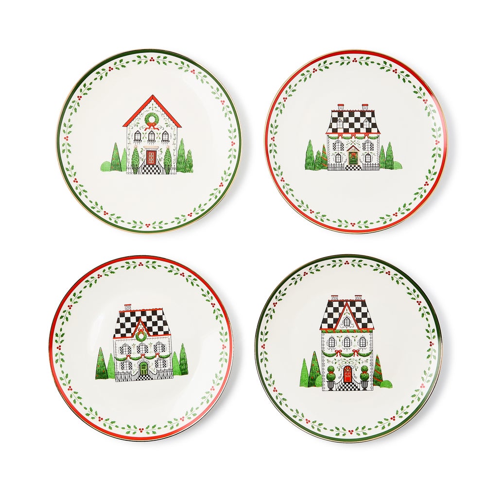 MACKENZIE-CHILDS Mackenzie-chilllds Holly Village Ceramic Dessert Plates, Set of 4